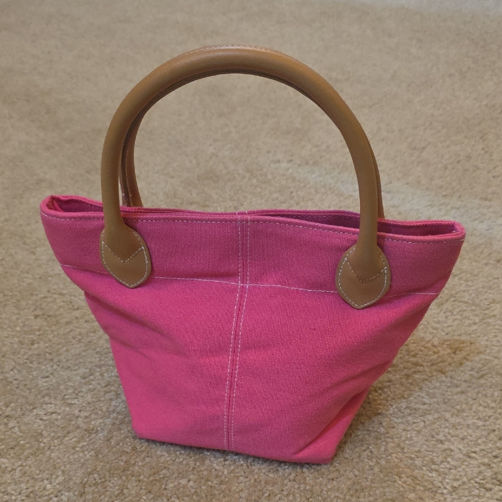 Lillian‎ Vernon Vintage Pink Canvas Tote Bag with Tan Leather Handles